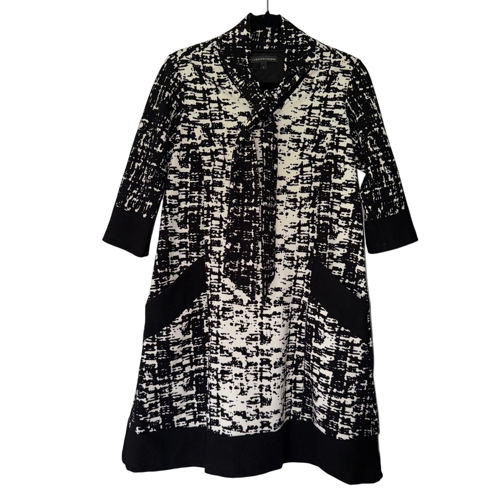 Chris McLaughlin Black White Abstract Tie Neck Shift‎ Dress 4